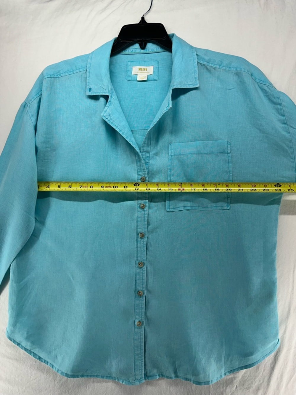 Maeve Anthropologie 100% Linen Ruched Sleeves Blouse Blue Button Down XL - Picture 5 of 10